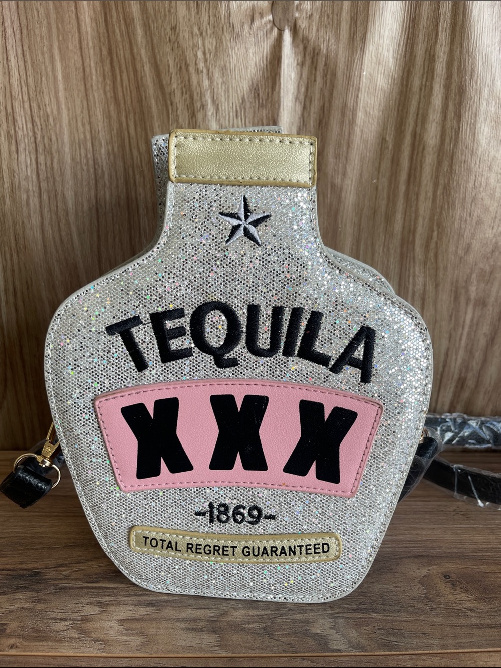 Glitter Tequila Bottle Crossbody Bag - Pink Accents